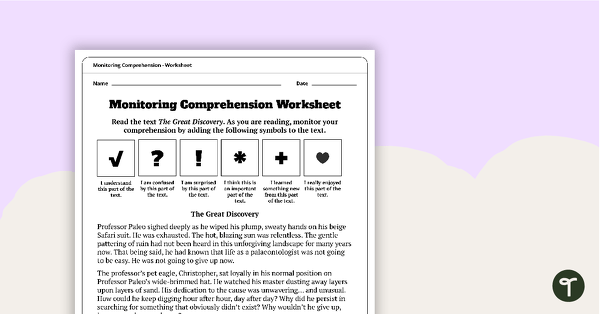 Monitoring Comprehension Worksheet teaching resource