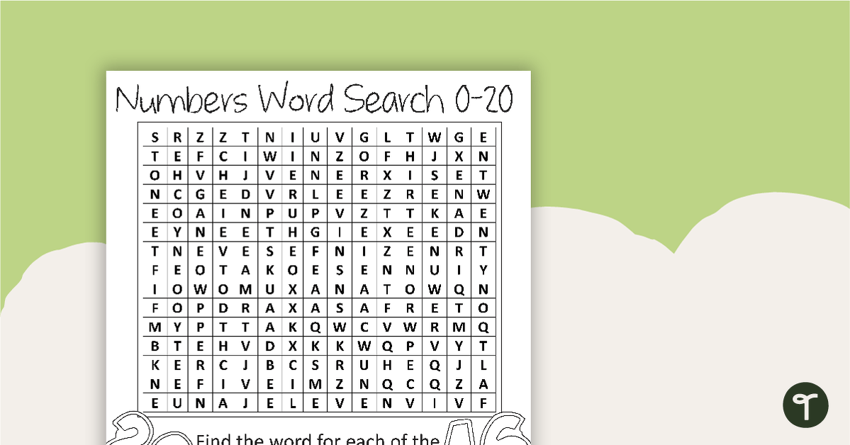 Numbers and Words 0-20 Word Search with Solution teaching resource