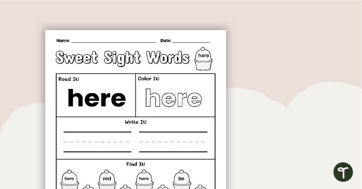 Sweet Sight Words Worksheet - HERE teaching resource