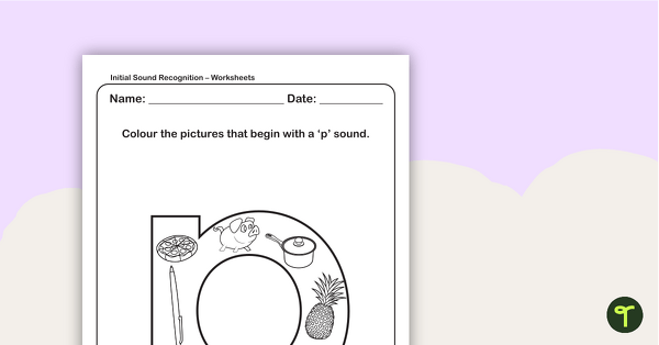 Initial Sound Recognition Worksheet (Lower Case) – Letter p teaching resource