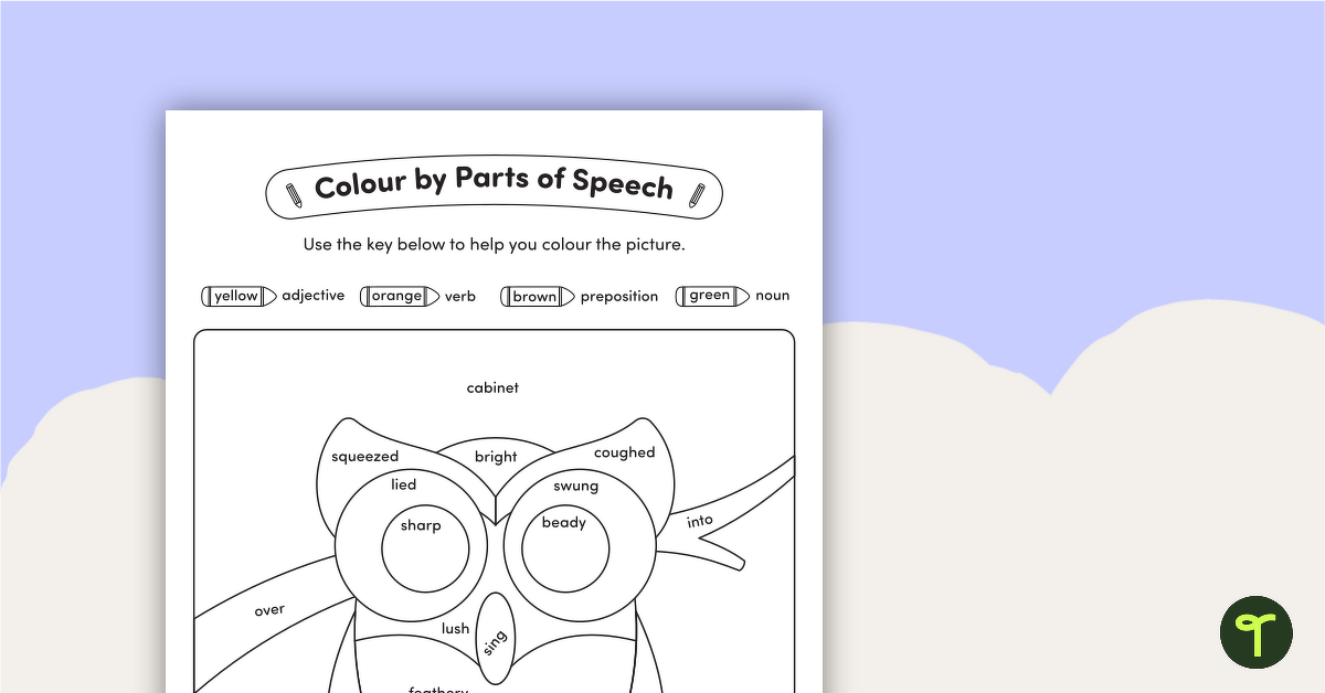 Colour by Parts of Speech - Nouns, Verbs, Adjectives and Prepositions - Owl teaching resource