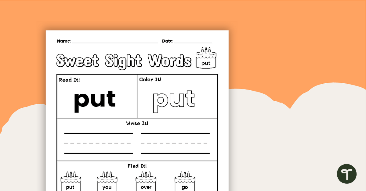 Sweet Sight Words Worksheet - PUT teaching resource