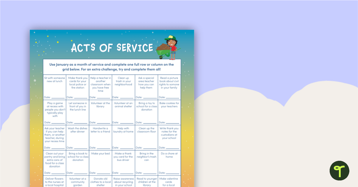 Acts of Service Worksheet for MLK Day teaching resource