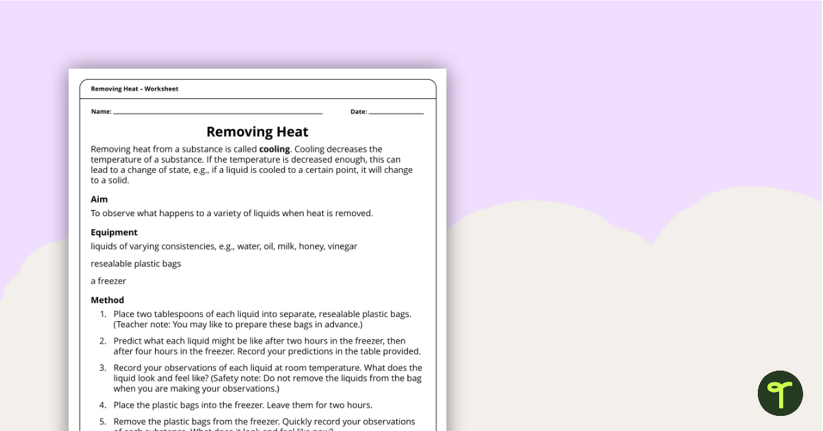 Removing Heat – Worksheet teaching resource