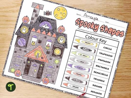 Halloween Shapes - Colour By 2D Shapes Worksheet teaching resource