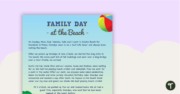 Comprehension - Family Day At The Beach teaching resource
