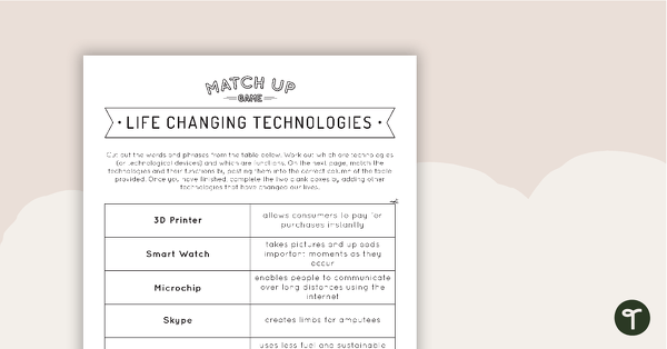 Life Changing Technologies - Match-Up Activity teaching resource