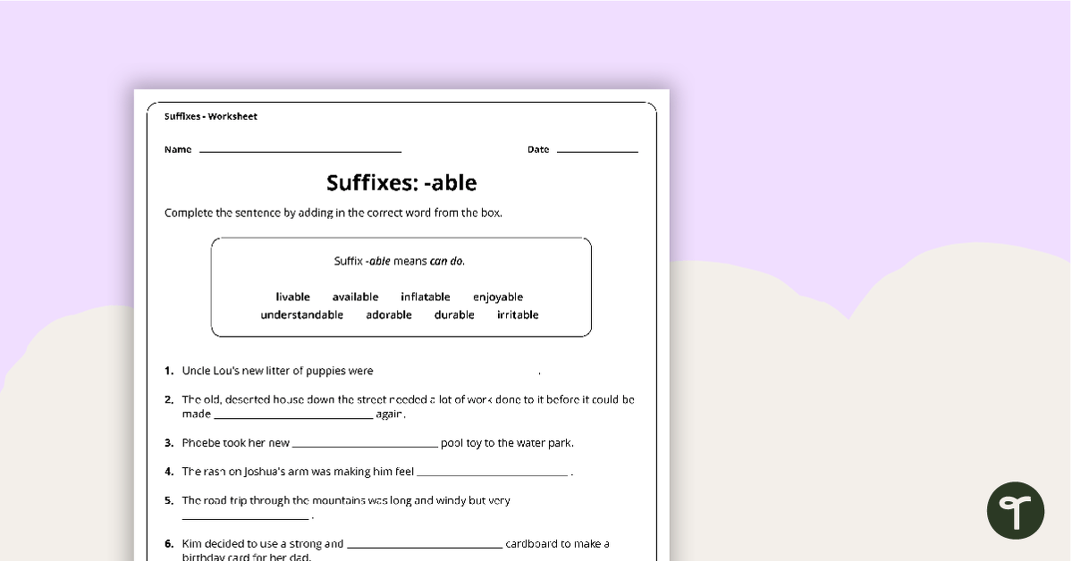-Able Suffixes Worksheet teaching resource