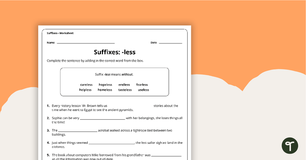 -Less Suffixes Worksheet teaching resource