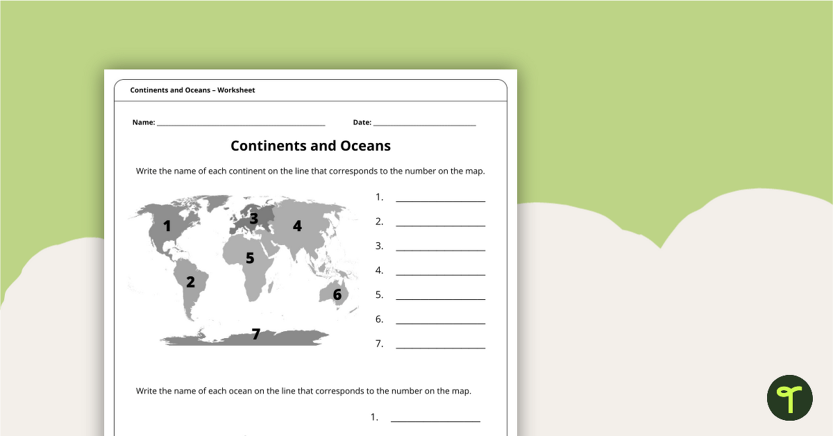 Continents and Oceans Worksheet teaching resource