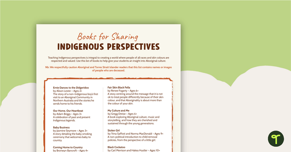 去to Books for Sharing Indigenous Perspectives - Poster teaching resource