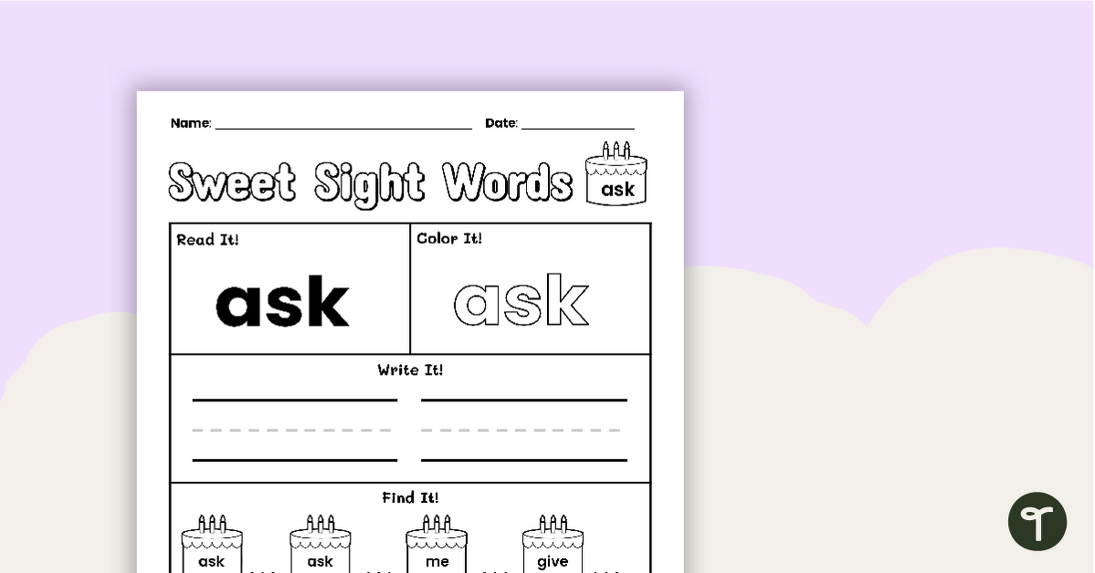 Sweet Sight Words Worksheet - ASK teaching resource