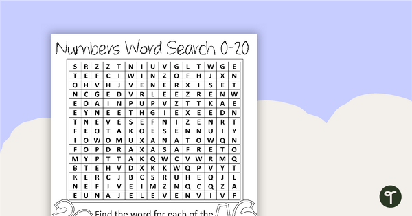 Numbers and Words 0-20 Word Search with Solution teaching resource