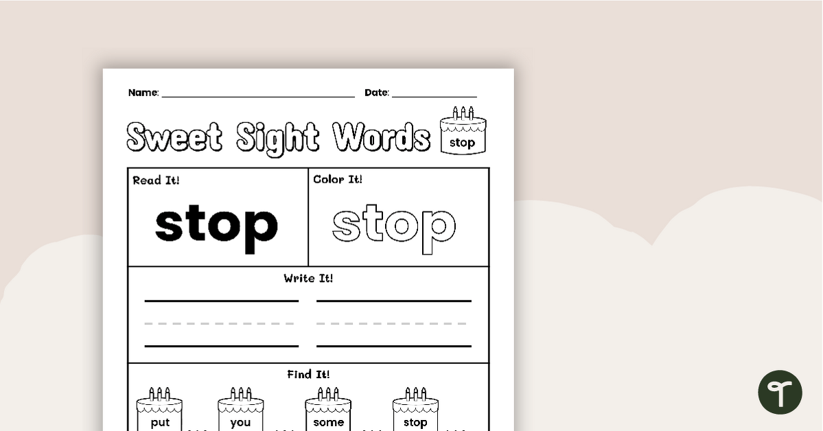 Sweet Sight Words Worksheet - STOP teaching resource