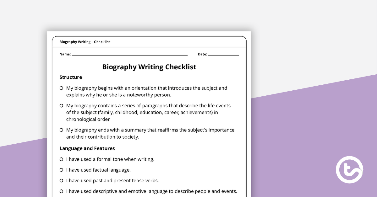 Biography Writing Checklist – Structure, Language and Features teaching resource