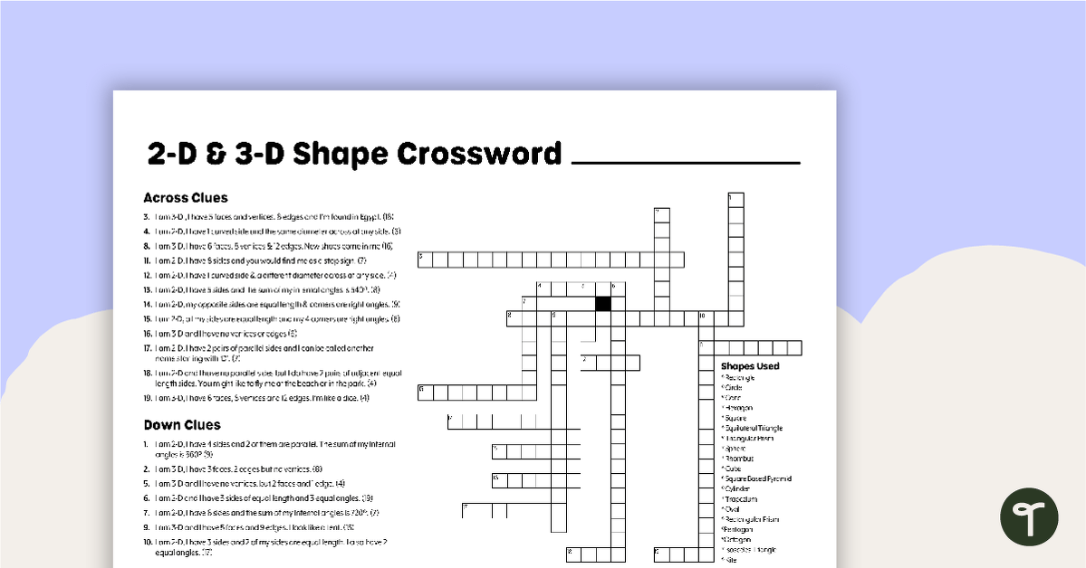 2D Shapes and 3D Objects Crossword with Solution teaching resource