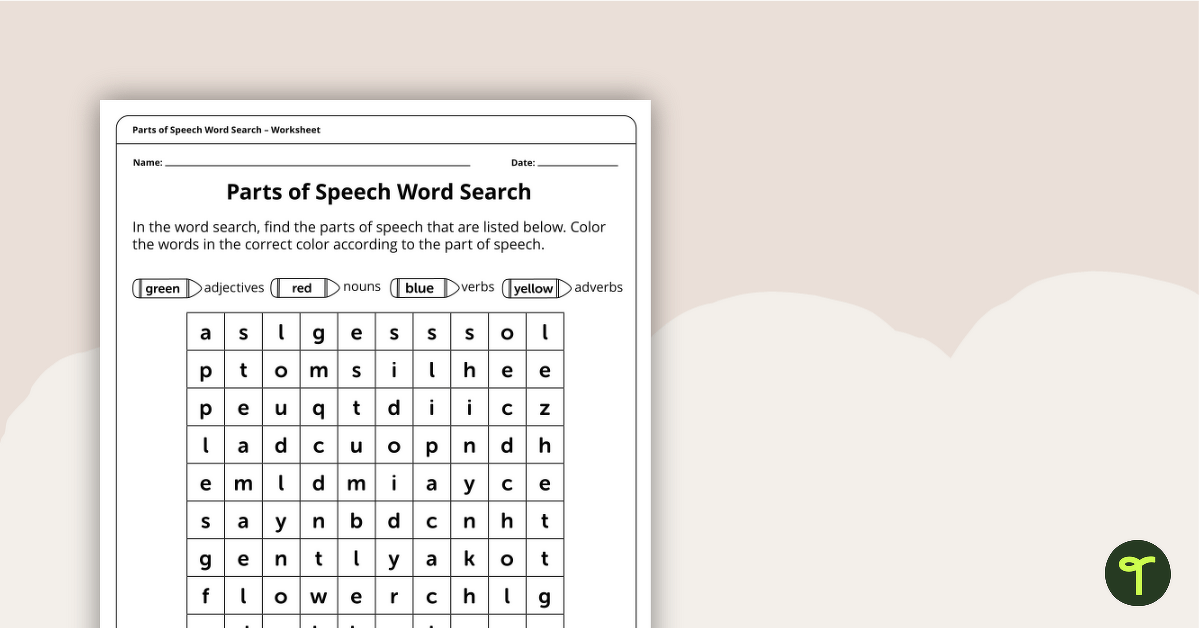 Parts Of Speech Word Search Nouns Adjectives Verbs And Adverbs Worksheet Teach Starter