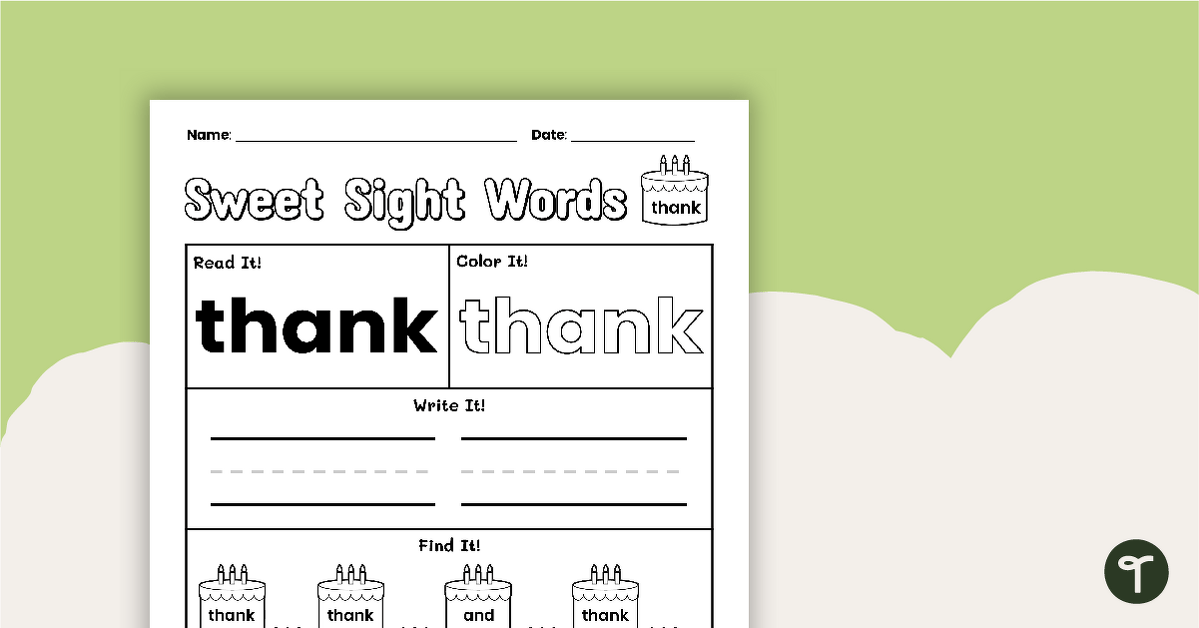 Sweet Sight Words Worksheet - THANK teaching resource