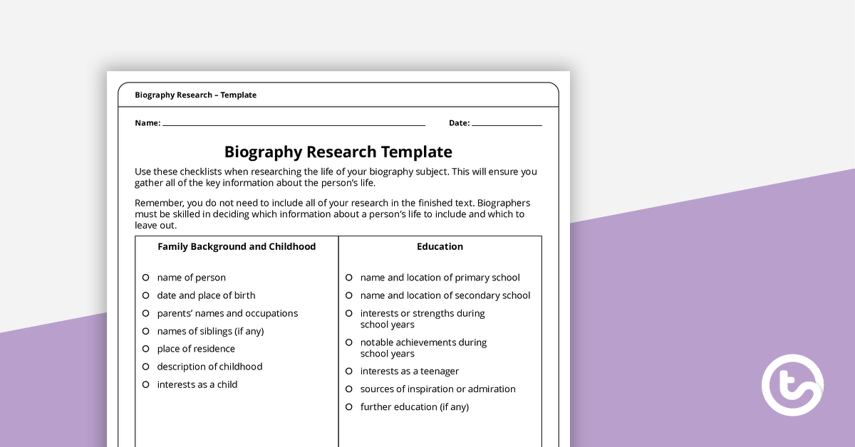 Biography Research Template teaching resource