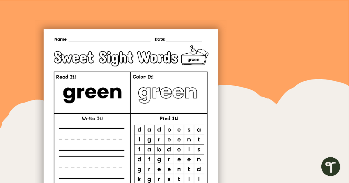 Sweet Sight Words Worksheet - GREEN teaching resource