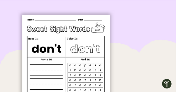 Go to Sweet Sight Words Worksheet - DON'T teaching resource