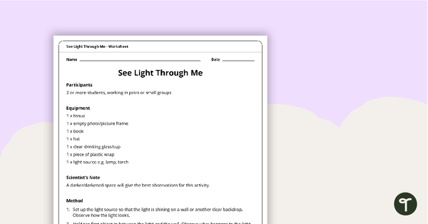 Go to See Light Through Me Worksheet teaching resource