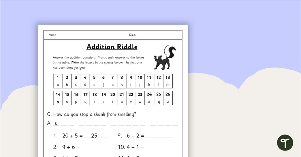 Addition Riddle Worksheet - Skunk teaching resource