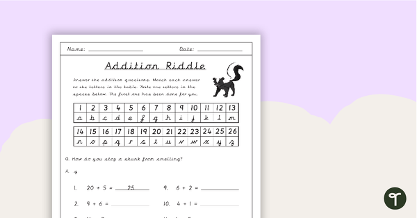 Addition Riddle Worksheet - Skunk teaching resource
