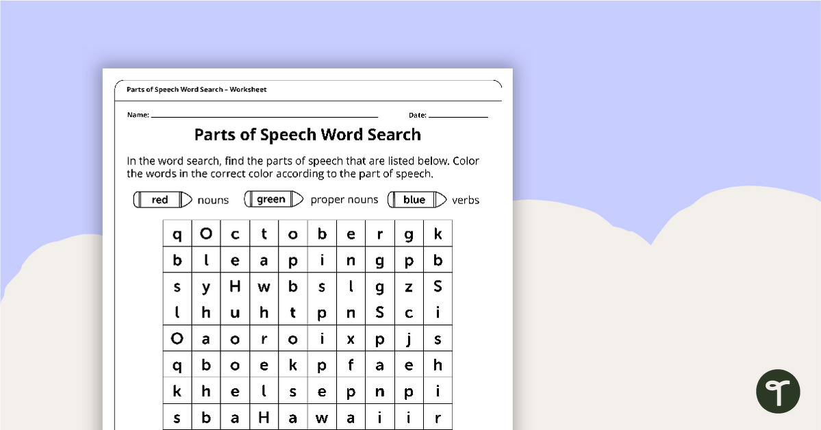 Parts of Speech Word Search – Nouns, Proper Nouns, and Verbs – Worksheet teaching resource