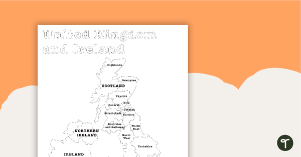 Map of the United Kingdom and Ireland - BW teaching resource