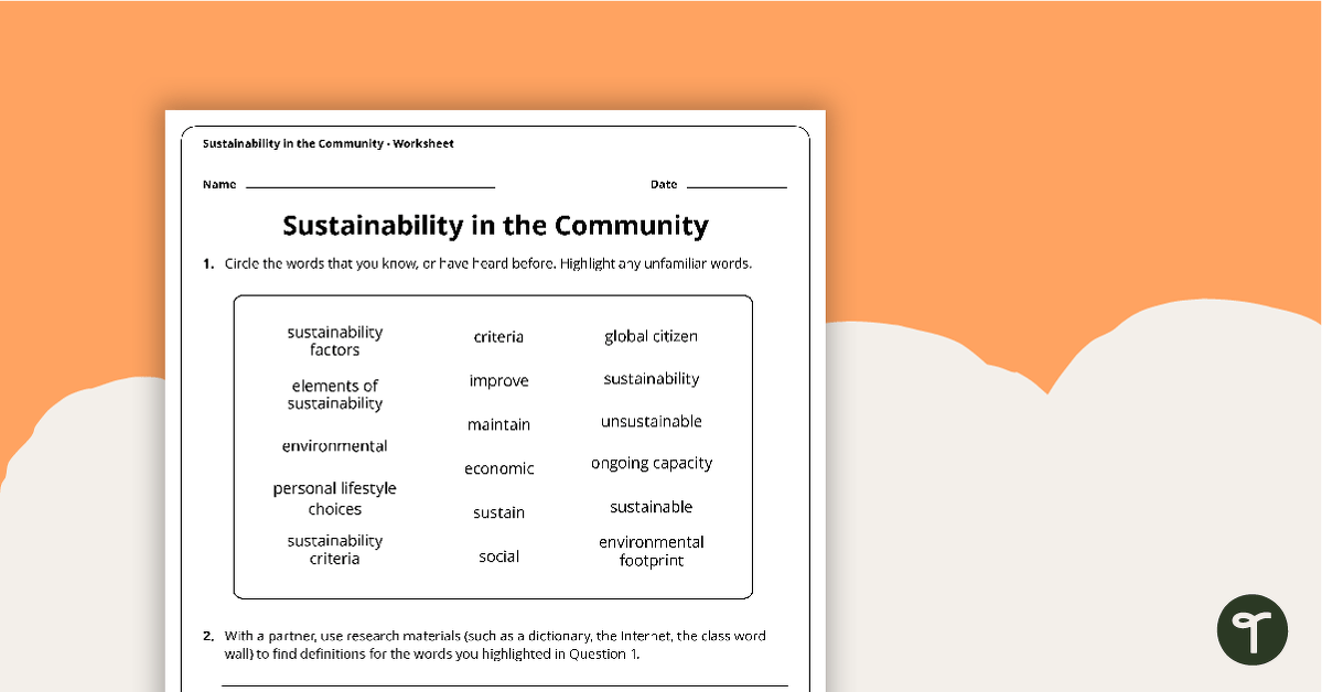 Sustainability in the Community Worksheet teaching resource