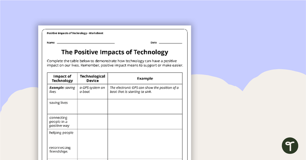 Positive Impacts of Technology Worksheet teaching resource