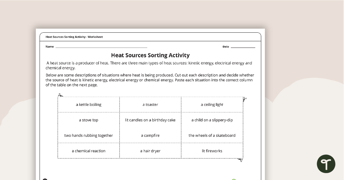 Heat Sources Worksheet teaching resource
