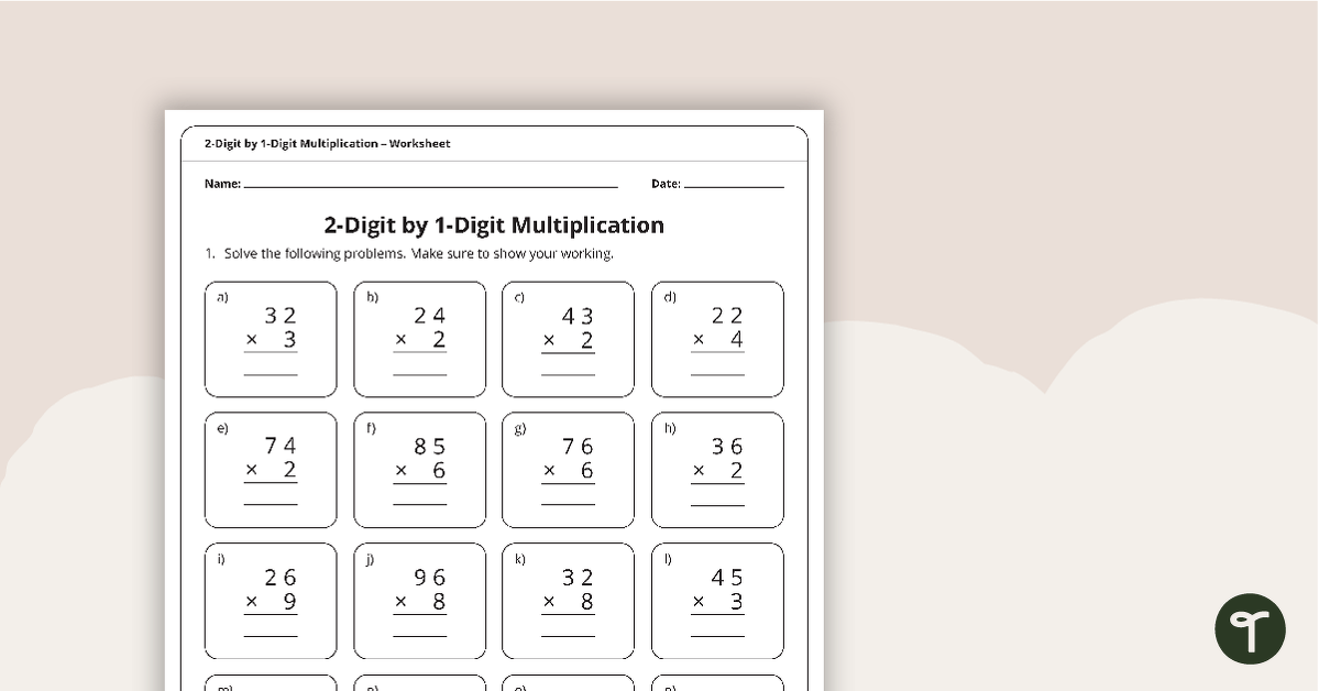 2-Digit by 1-Digit Multiplication Worksheet teaching resource