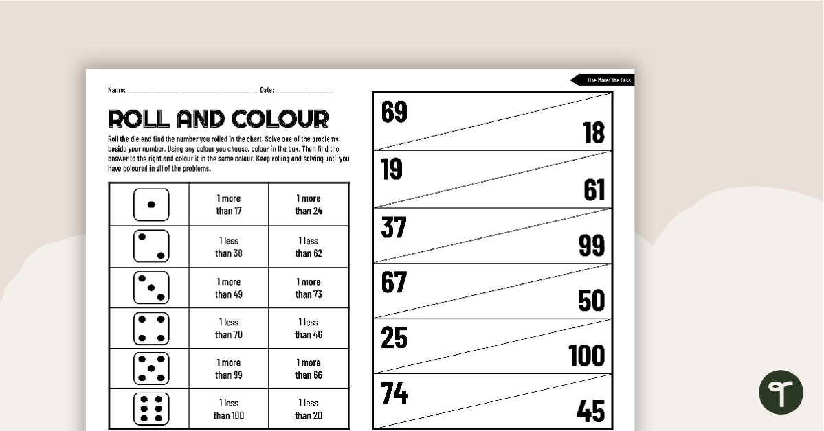 Roll and Colour Worksheet - One More, One Less teaching resource