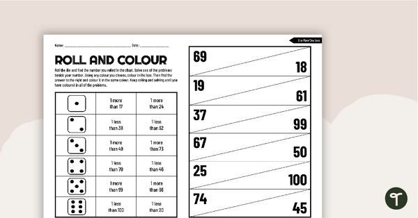 Image of Roll and Colour Worksheet - One More, One Less