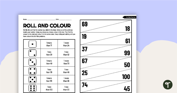 Go to Roll and Colour Worksheet - One More, One Less teaching resource