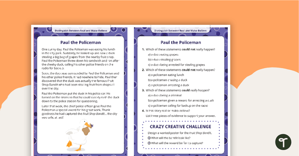 Go to Comprehension Task Cards - Distinguishing Between Real And Make-Believe teaching resource