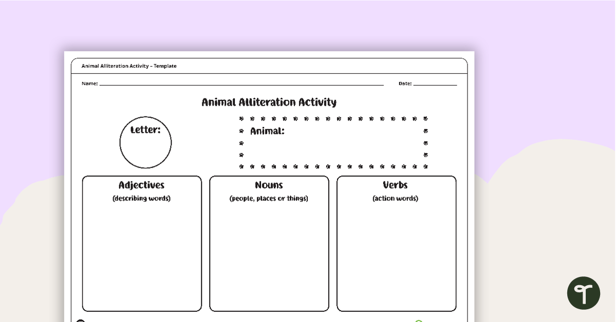 Animal Alliteration Activity - Brainstorming Template teaching resource