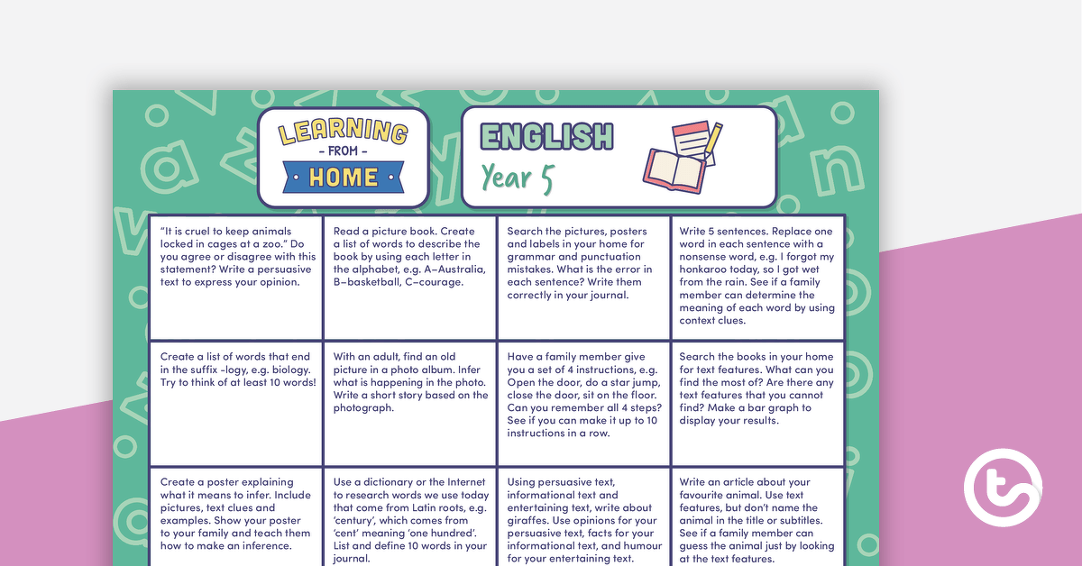 Year 5 – Week 3 Learning from Home Activity Grids teaching resource