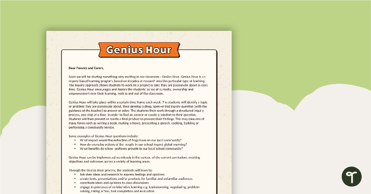Genius Hour Parent Information Letter - Editable Template teaching resource