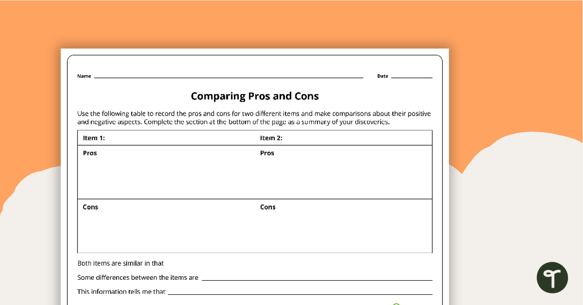 Comparing Pros and Cons Template teaching resource