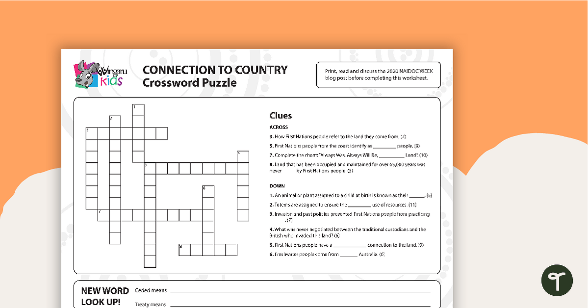 NAIDOC Week Connection to Country Crossword Puzzle Worksheet teaching resource