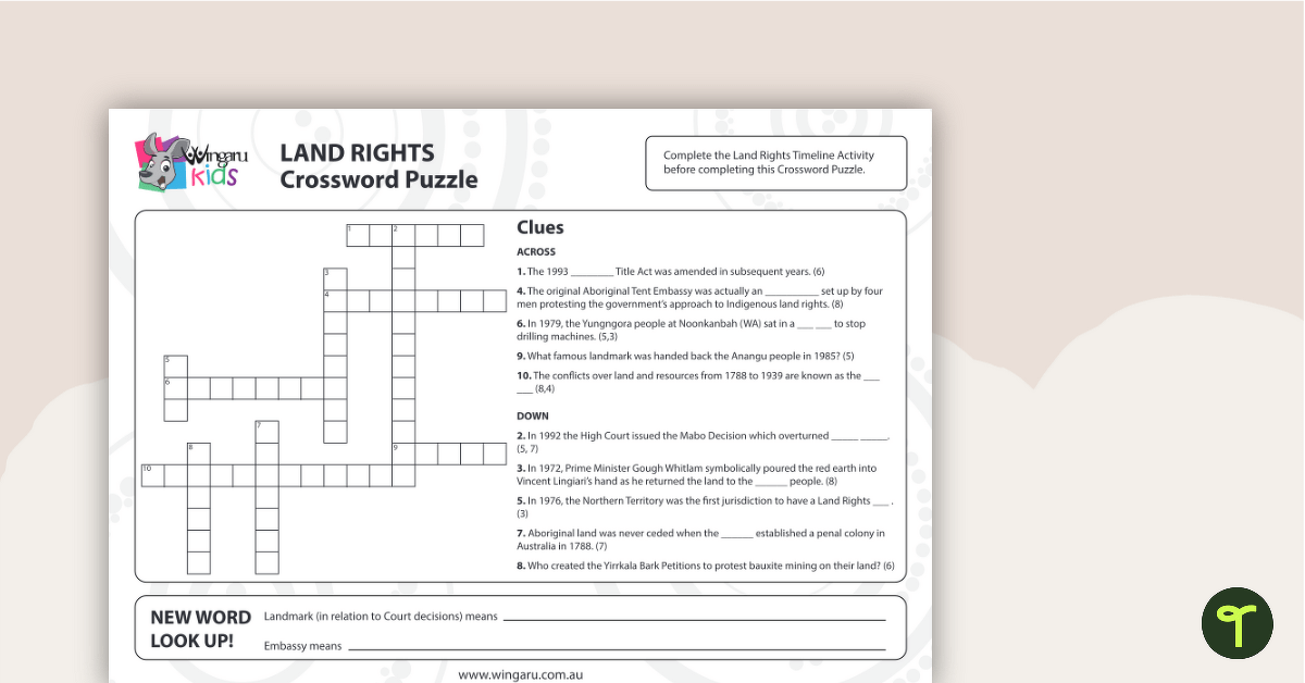 Land Rights Crossword teaching resource