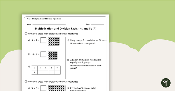 Go to Number Worksheets - Multiplication and Division - Year 3 teaching resource