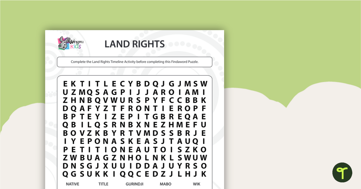 Land Rights Word Search - Middle Primary teaching resource