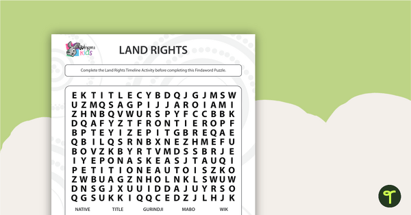 Land Rights Word Search - Middle Primary teaching resource