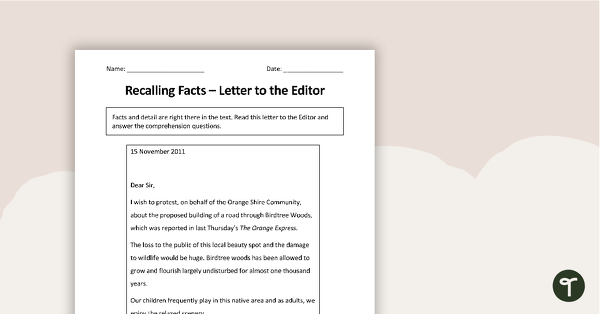Recalling Facts - Letter to the Editor Activity teaching resource
