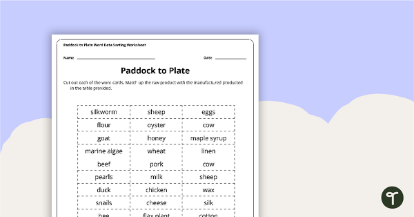 Go to Paddock to Plate Data Sorting Worksheet teaching resource