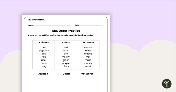 ABC Order Practice Worksheet teaching resource